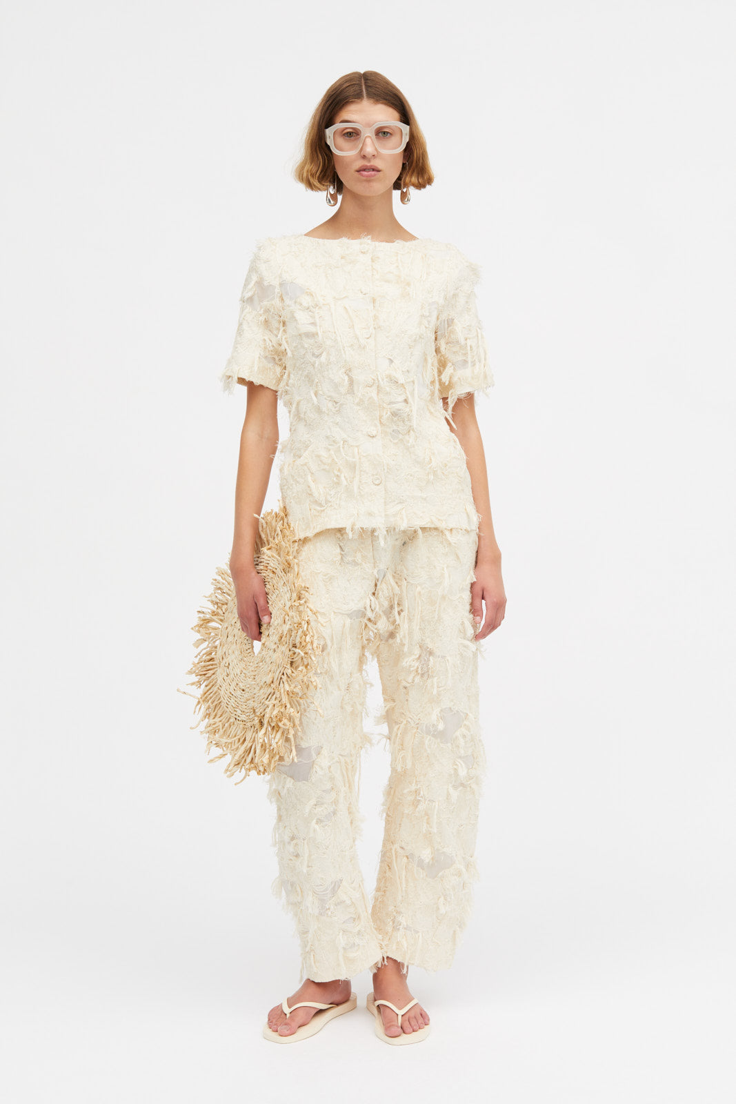 Mark Kenly Domino Tan Pyo-atelier Fringy Jacquard Pants Creme